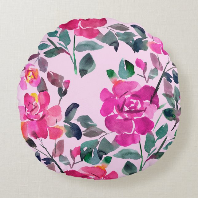 Almofada Redonda Rosas opulentes desenhados à mão. Coruja floral (Frente)