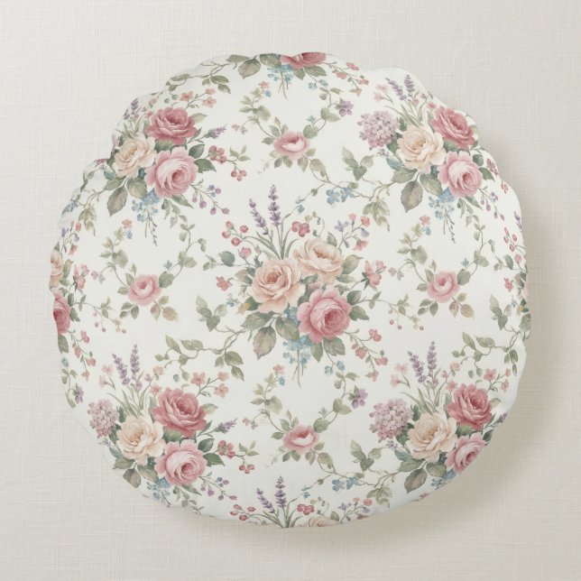 Almofada Redonda Rosas Pastéis Elegantes Shabby Chic (Frente)