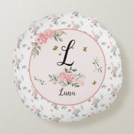 Almofada Redonda Rosas Rosa Elegantes com Borboletas