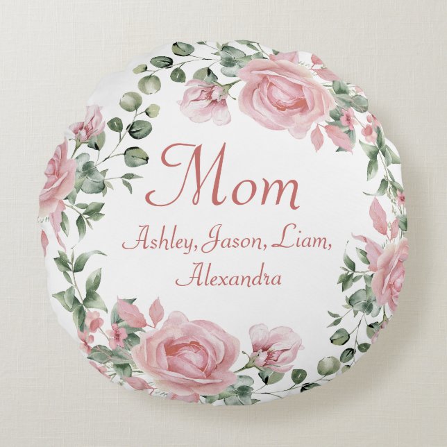 Almofada Redonda Rosas Rosa Personalizadas Floral 4 a 8 Nomes de Cr (Frente)