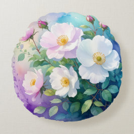 Almofada Redonda Rosas Selvagens Brancas Rosa Azul Turquesa Roxo Aq