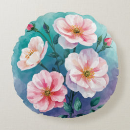 Almofada Redonda Rosas Selvagens Rosa Azul Turquesa em Aquarela