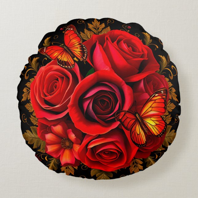 Almofada Redonda Rosas Vermelhas Elegantes com Borboletas (Frente)