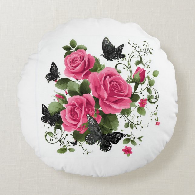 Almofada Redonda Roses and Butterflies, Colorful Design, (Frente)