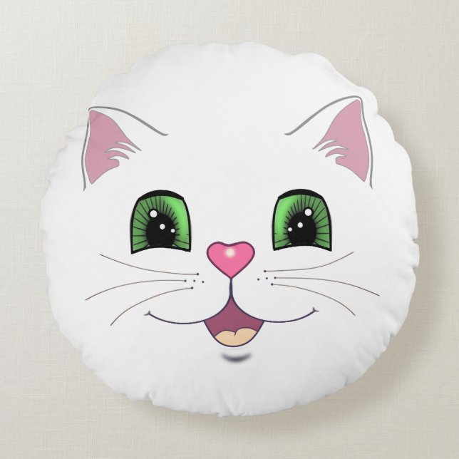 Almofada Redonda Rosto de gato fofo engraçado em branco (Frente)