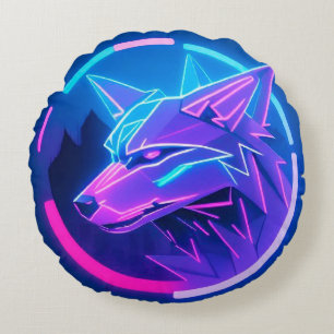 Almofada Redonda Rosto de Lobo Neon Futurista em Arte Geométrica