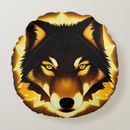 Almofada Redonda Rosto de Lobo Radiante Iluminado por Luz Dourada
