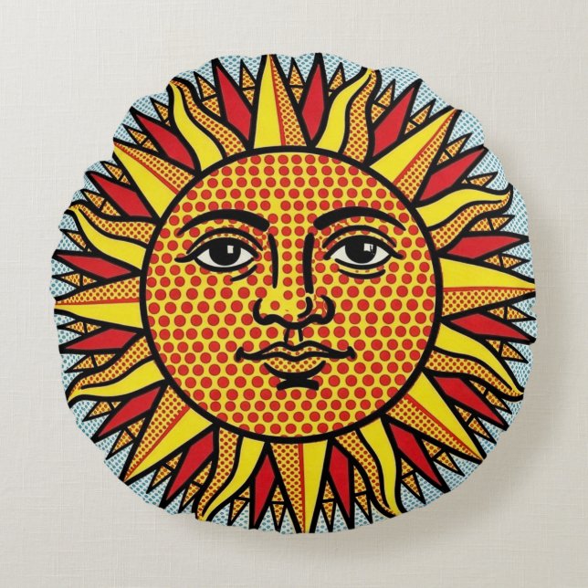 Almofada Redonda Rosto do Sol Celestial Estilo Pop Art de História  (Frente)
