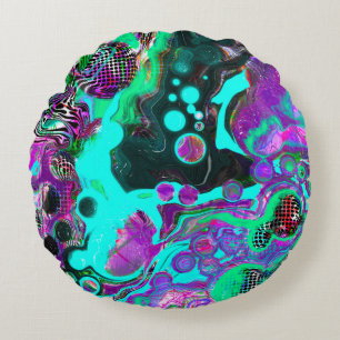 Almofada Redonda Roxo, Teal, Azul, Abstrato fluido Colorido Preto