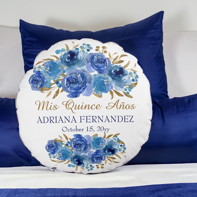 Almofada Redonda Royal Blue Floral Dourado Folaf Quinceanera Keepsa (Blue floral personalized pillow from my Rose and Gold Leaf quinceanera collection)