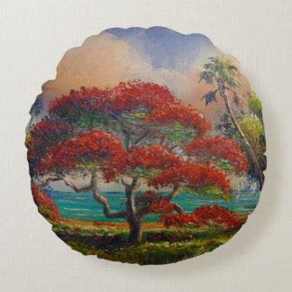 Almofada Redonda Royal Poinciana Tree & Boat por Mazz