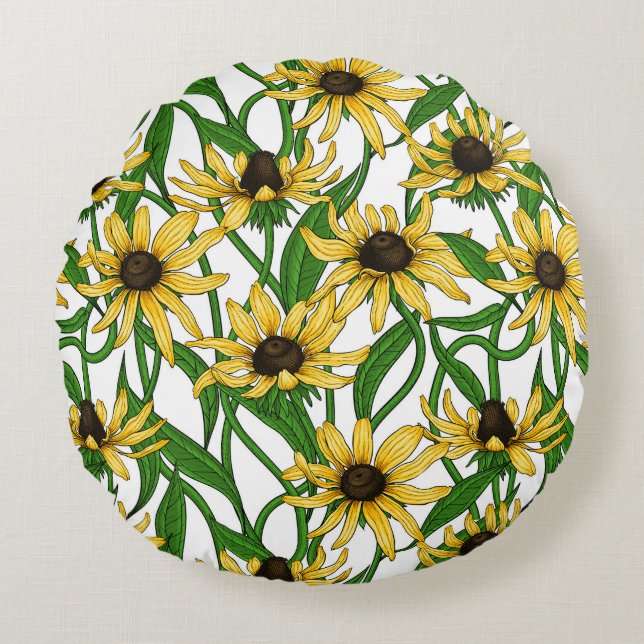 Almofada Redonda Rudbekia amarela em branco (Frente)