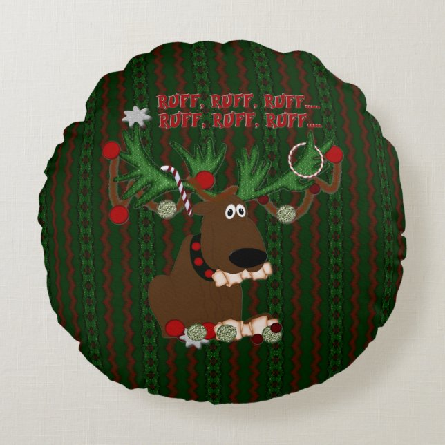 Almofada Redonda Ruff Ruff Ruff, Doggie Reindeer, Travesseiro decor (Frente)
