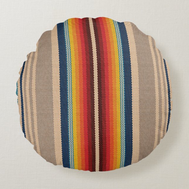 Almofada Redonda Rug Mexicano: Stripes Coloridas Sem Olhos. (Frente)