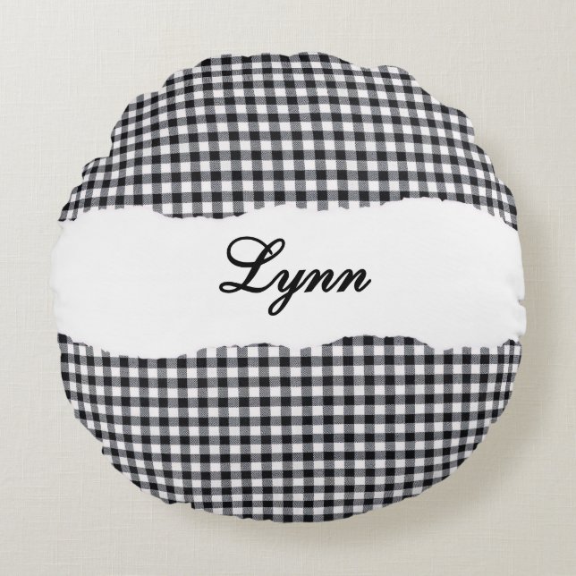 Almofada Redonda Rustic Black Gingham Personalized Name (Frente)