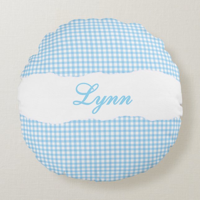 Almofada Redonda Rustic Blue Gingham Personalized Name (Frente)