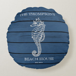 Almofada Redonda Rustic Blue Wood Sea Lighthouse Beach House