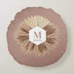 Almofada Redonda Rustic Boho Bohemian Pampas Grass Monograma