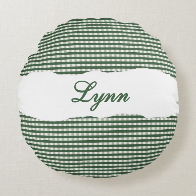 Almofada Redonda Rustic Green Gingham Personalized Name (Frente)