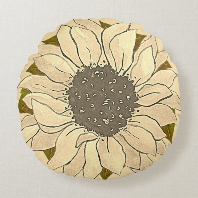 Almofada Redonda Rustic Ivory Yellow Sunflower (Frente)