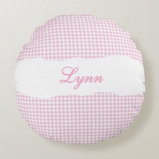 Almofada Redonda Rustic Pink Gingham Personalized Name (Frente)