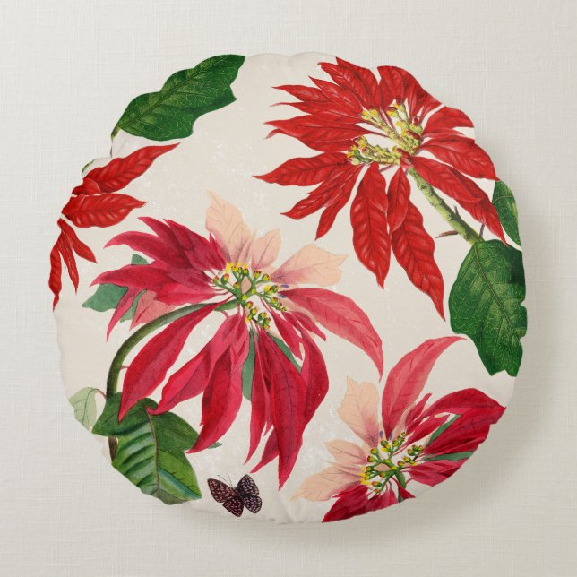 Almofada Redonda Rustic Red Watercolor Poinsettia Floral Greenery (Frente)
