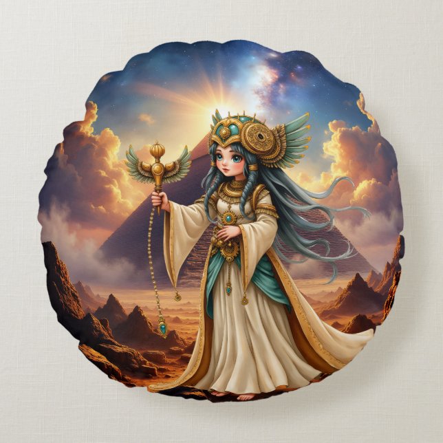 Almofada Redonda Sacerdotisa Celestial da Pirâmide Dourada. (Frente)