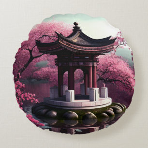 Almofada Redonda Sakura Cherry Blossom Garden Shrine Pond Japonês
