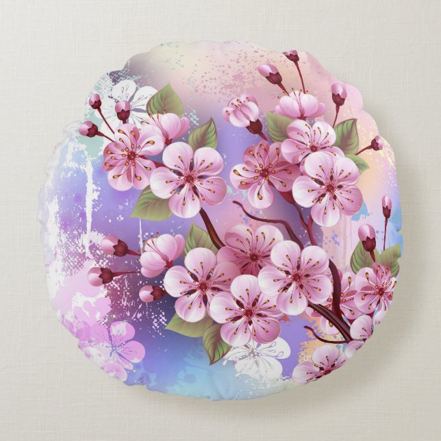 Almofada Redonda Sakura rosa no fundo da pintura (Frente)
