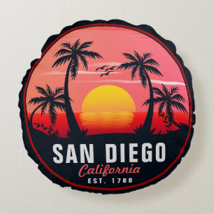 Almofada Redonda San Diego California Retro Sunset Souvenirs 60s