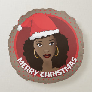 Almofada Redonda Santa Chapéu de Natal de Mulher Negra, Pontos Verm