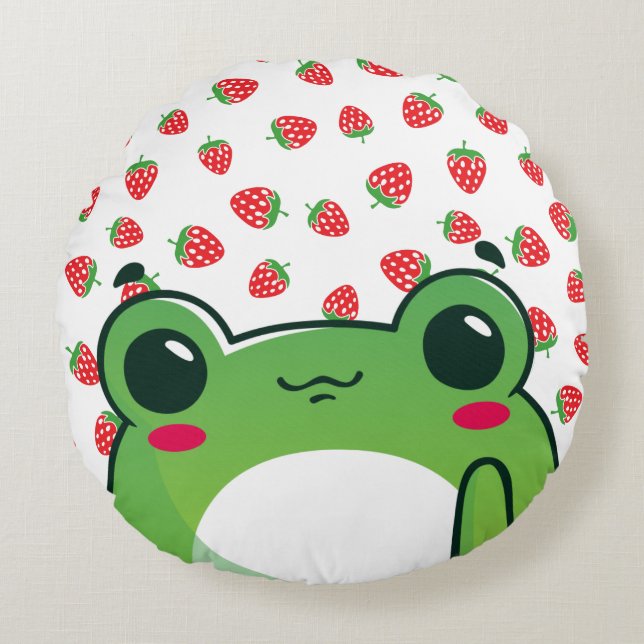 Almofada Redonda Sapo de Morango Kawaii (Frente)