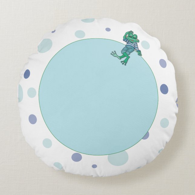 Almofada Redonda Sapo em Jeans, Aniversário, Bolinhas (Frente)