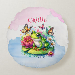 Almofada Redonda Sapo personalizado, flores e borboletas bebê