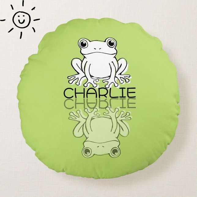 Almofada Redonda Sapo Verde Fofo Reflexo Doodle Nome Personalizado  (Criador carregado)
