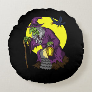 Almofada Redonda Scary Witch Spooky Raven Halloween