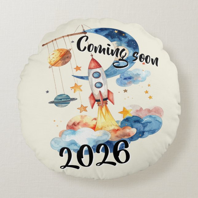Almofada Redonda Schwangerschaft verkünden 2026 Rakete Weltraum  (Frente)