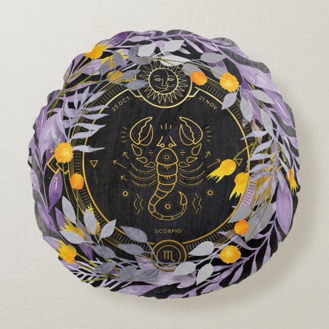 Almofada Redonda Scorpio Floral Wreath com Símbolo Zodiac (Frente)