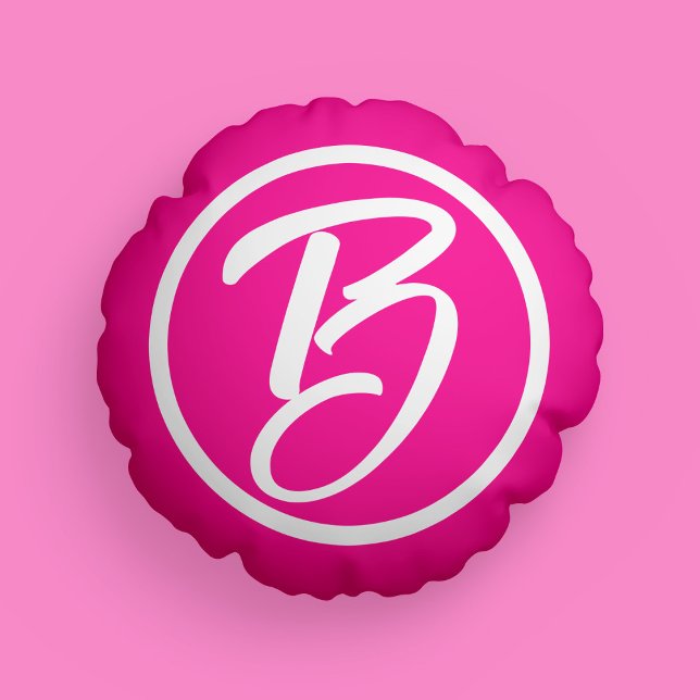 Almofada Redonda Script do Monograma Branco Quente Rosa-Quente (Mockup of pillow on pink background)