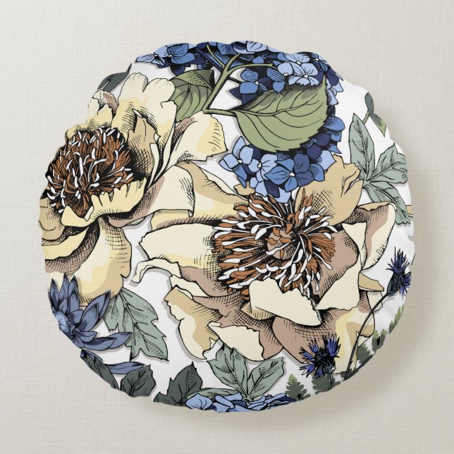 Almofada Redonda Seamless floral pattern. Hydrangea,  Peony,  wildf (Frente)