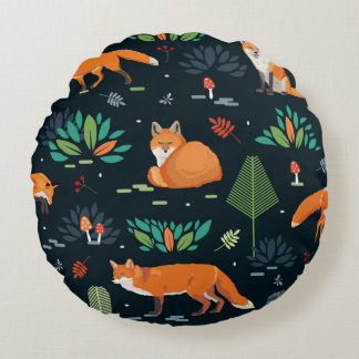 Almofada Redonda Seamless pattern with Foxes, trees, leaves, mushro