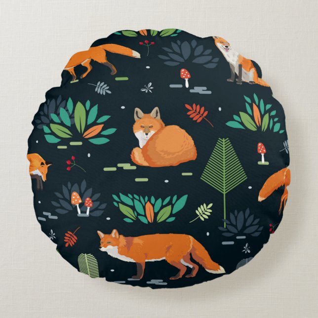 Almofada Redonda Seamless pattern with Foxes, trees, leaves, mushro (Frente)