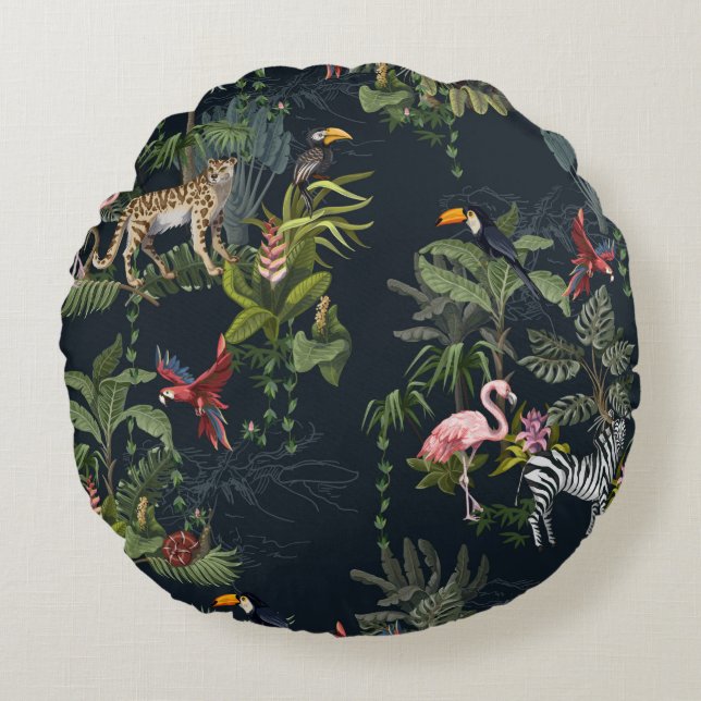Almofada Redonda Seamless pattern with jungle animals, flowers and  (Frente)
