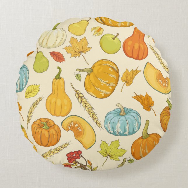 Almofada Redonda Seamless pattern with pumpkins, autumn leaves, app (Frente)