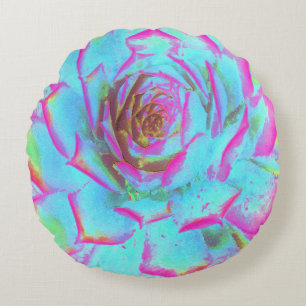 Almofada Redonda Sedum Rosette Quente Rosa e Azul Suculente