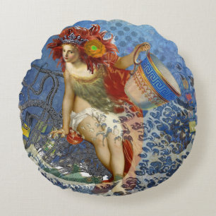 Almofada Redonda Sereia de Aquário Arte Azul Gótica