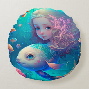 Almofada Redonda Sereia nadando com um travesseiro giro e giro