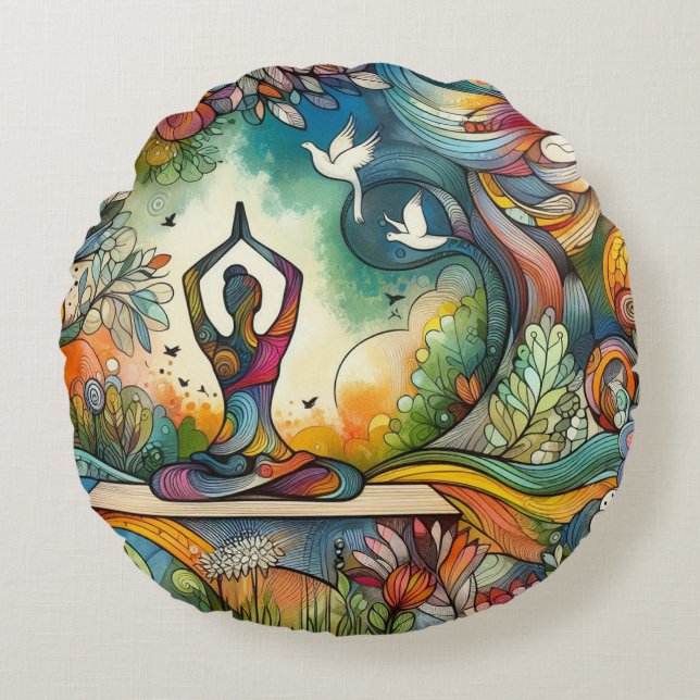 Almofada Redonda Serenidade de Ioga Vibrante (Frente)