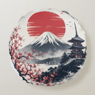 Almofada Redonda Serenidade do Pôr do Sol no Monte Fuji – Arte Japo