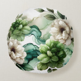 Almofada Redonda "Serenidade Verdante: Arte Floral Abstrato Verde"